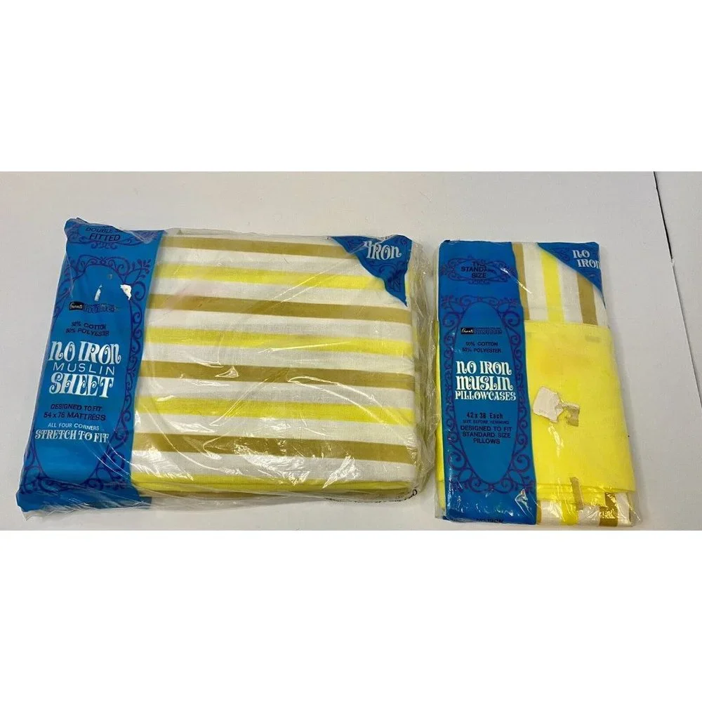 Grants No Iron Muslin Yellow Striped‎ Double Fitted Sheet & Standard Pillowcases